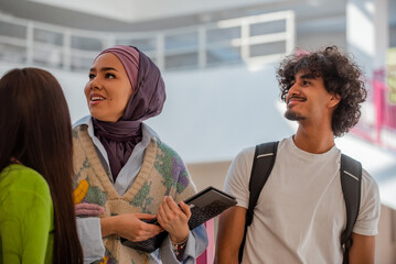 A group of happy diverse college students hanging out they are talking with each other while walking in the university hallway.