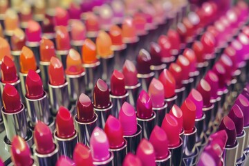 Rows of vibrant lipsticks in various shades of red, pink, and orange create a symmetrical and colorful pattern, exuding a sense of luxury and beauty.