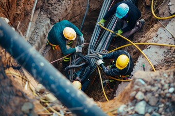 Construction workers coordinate to manage a complex network of cables in a deep trench, showcasing teamwork and technical skill.