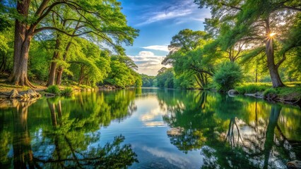 Scenic summer morning on the Guadalupe River in Texas, USA, with calm water, lush greenery, andsunlit trees reflecting off the serene riverbank.