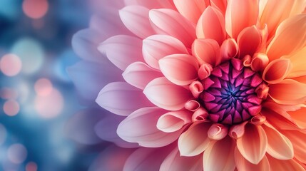 Fototapeta premium Dahlia Dream: A mesmerizing close-up of a pink and orange dahlia, its delicate petals unfurling against a soft blue background, radiating an aura of beauty and tranquility. 