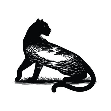 recommend clip art: silhouette of Panther filled with nature view in rough drawing, minimalist,