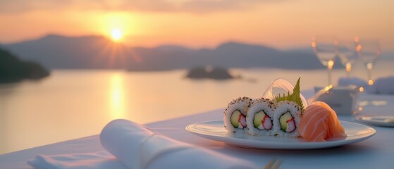 A stunning sushi platter at sunset, showcasing vibrant colors and a serene backdrop, perfect for culinary and travel themes.