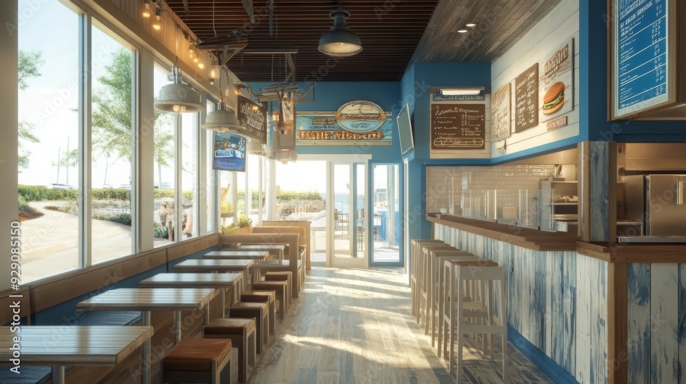 Poster brightly lit coastal diner features wooden bar seating and a welcoming atmosphere with large windows