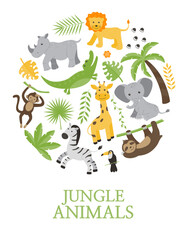 A4 children's poster. Jungle animals and plants in a circle.