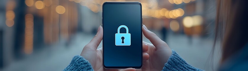 A person holds a smartphone displaying a lock icon, representing mobile security, data protection, and online privacy in a blurred urban environment.