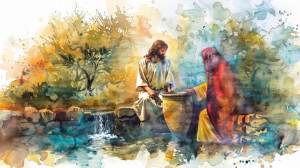 Fototapeta premium Jesus and the Samaritan woman at the well, using soft watercolor washes