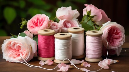 Spools of thread with delicate roses create a beautiful and romantic sewing arrangement.