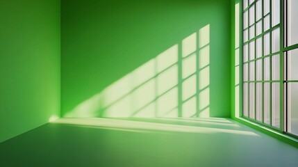 Fototapeta premium Green Room Sunlight: A minimalist, bright green room with a large window casting long shadows on the floor, providing a serene and airy backdrop for various projects and ideas. 