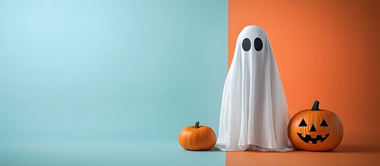 Ghost figure with jack-o'-lanterns on split blue and orange background, Halloween decoration