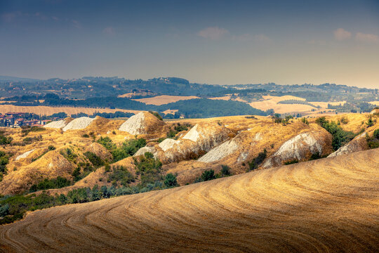 Asciano, Italy - July 25, 2023: Tuscan landscape. One of the most famous location  in Tuscany, near Asciano (Siena). Italy