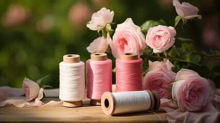 Spools of thread with delicate roses create a beautiful and romantic sewing arrangement.