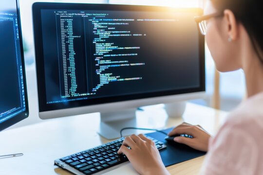 A young woman coding at a computer, focused on her programming task in a modern workspace, illuminated by natural light.