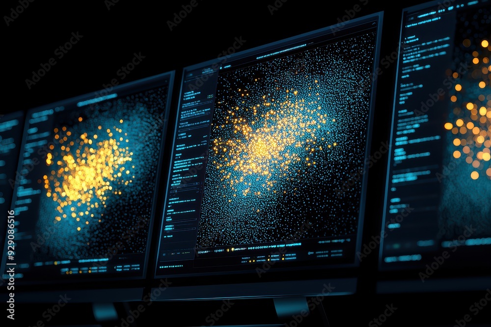 Poster abstract visualization of data points on screens, showcasing scientific analysis with glowing colors