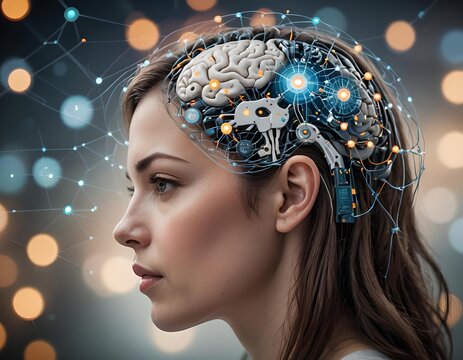 Concetto di connessione tecnologica, intelligenza artificiale e comunicazione neurologica cerebrale. 