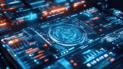 Futuristic Interface with Glowing Blue and Orange Digital Elements