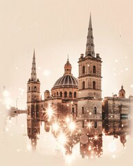 Fototapeta premium Zabbar City Walls Vintage Skyline Art Print - A building with towers and a dome on top