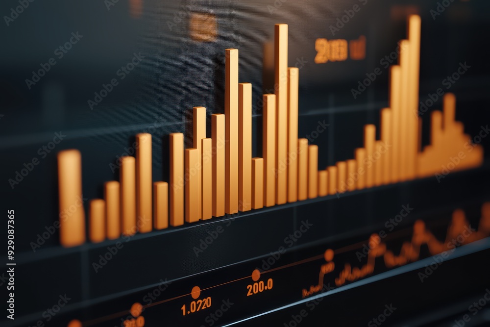 Poster close-up view of an orange data visualization with bars and lines, highlighting trends and statistic