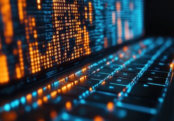 Close-up of a Laptop Keyboard with Binary Code Displayed on the Screen