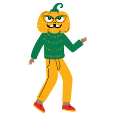 Funny character with pumpkin head, vector cartoon isolated illustration for halloween holiday.