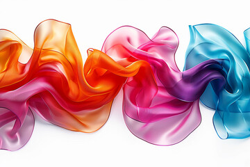 Fototapeta premium A cascade of multicolored satin ribbons flowing gracefully against a pure white background.