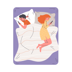 Angry young couple lying apart in the bed using smartphones, intimate problem, vector woman man in conflict relationship