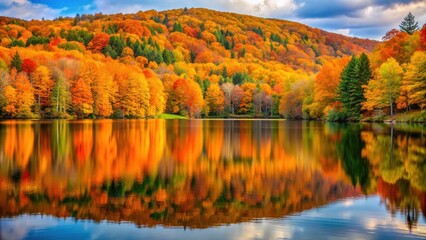 Naklejka premium Serene autumn landscape of Allegheny National Forest featuring vibrant orange and yellow foliage reflected in a calm, mirror-like lake surface.