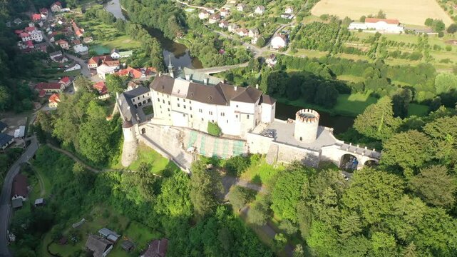 Fairytale Cesky Sternberk Castle drone video view, Czech Republic