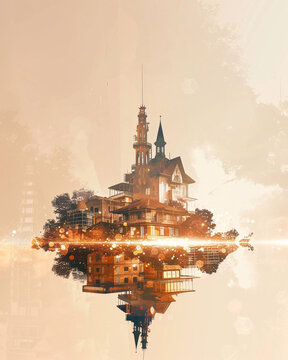 Abobo Skyline Double Exposure Art Poster - A building on a small island