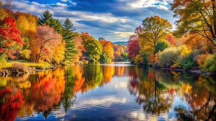 Serene autumn morning on a tranquil New England river, surrounded by vibrant fall foliage and calm waters reflecting the colorful trees and sky.