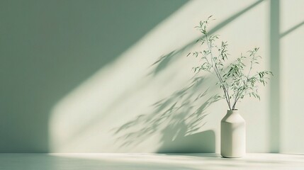 Sunlit Serenity:  A delicate sprig of greenery graces a minimalist white vase, casting an ethereal shadow on a pale green wall.