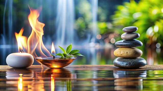 Serene background featuring five feng shui elements - wood, fire, earth, metal, and water - harmoniously balanced in a natural, minimalist setting.