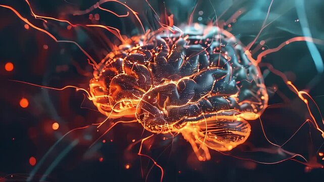 Video of brain with red and orange sparks surrounding it. The brain is surrounded by a lot of energy and is glowing. Concept of complexity and interconnectedness of the brain's neural network