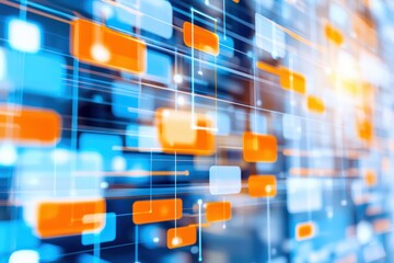 Dynamic abstract background showcasing vibrant blue and orange digital blocks interconnected in a flowing pattern.