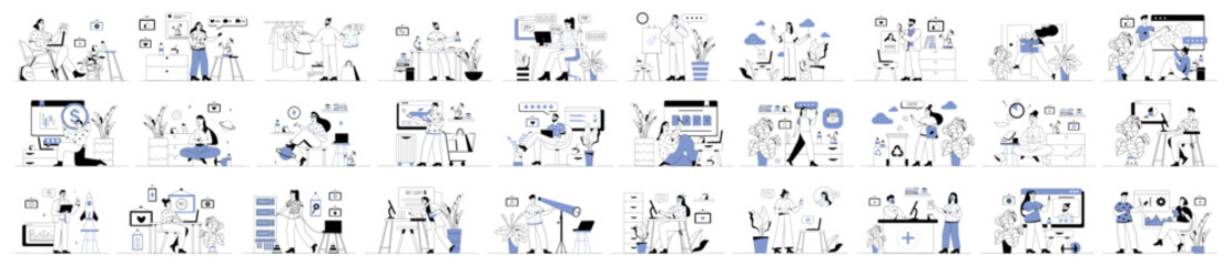 Bundle of blue linear concepts with people scene in flat cartoon design. Situations in various themes are depicted in this collection in a minimalist style. Vector illustration.