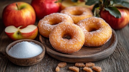 Naklejka premium A wooden plate holds sugar-coated donuts, surrounded by fresh apples and a bowl of sugar on a rustic table.