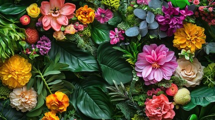 Vibrant Floral Wall: A lush tapestry of colorful flowers and verdant leaves creates a vibrant and inviting backdrop for any design project.