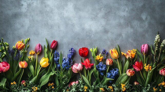 A vibrant array of colorful tulips and hyacinths arranged in a delicate border, creating a beautiful and serene spring scene against a textured gray background.  