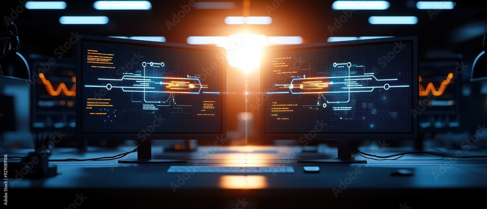 Poster futuristic workspace with dual monitors displaying data charts and glowing elements, ideal for techn