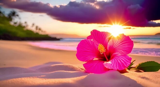 hawaiian hibiscus flowers on sandy beach at sunset
