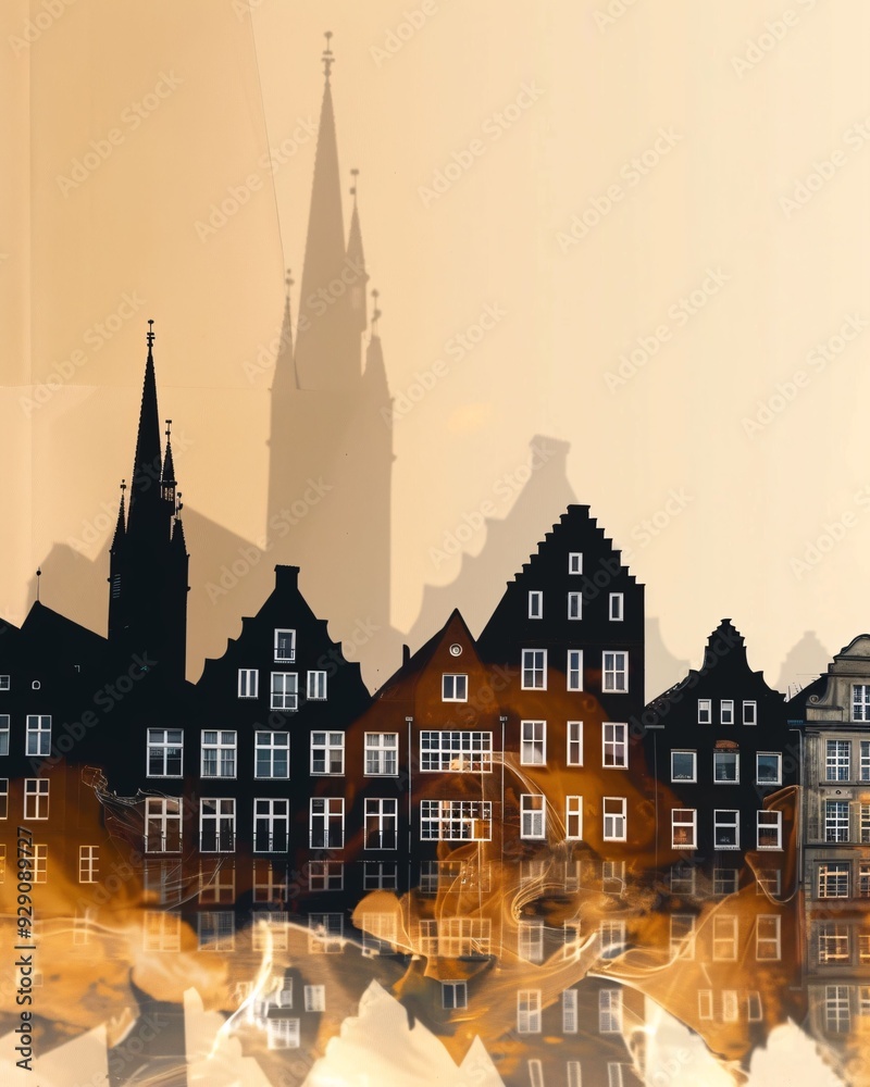 Wall mural lubeck skyline double exposure composite art poster - a group of buildings with a tower