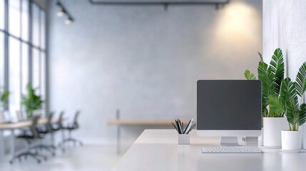 Fototapeta premium Modern Minimalist Office Desk Mockup: A clean, minimalist workspace with a computer monitor, keyboard, and potted plants, showcasing a modern office aesthetic. 