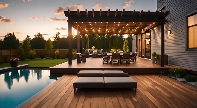 back yard house exterior with a wooden deck patio attached pergola and a pool