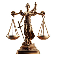 Statue of lady justice with scales on transparent background.