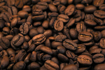 A close-up of roasted coffee beans, showcasing their rich brown color and texture, perfect for highlighting the essence of fresh coffee.