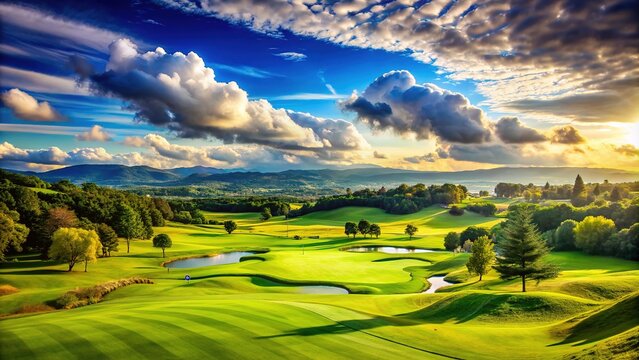 Serene golf course landscape with lush green fairway, rolling hills, and majestic clouds set against a brilliant blue sky on a sunny day.