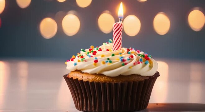 birthday cupcake with pink lit candle and sprinkles on bokeh background