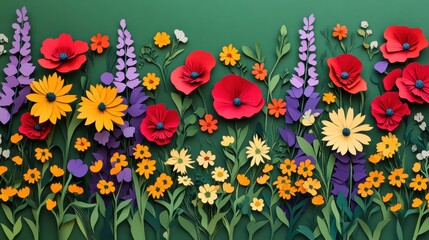 A vibrant paper flower garden featuring various colorful blooms against a green background.