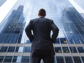Fototapeta premium A businessman stands confidently in front of a modern skyscraper, symbolizing ambition.