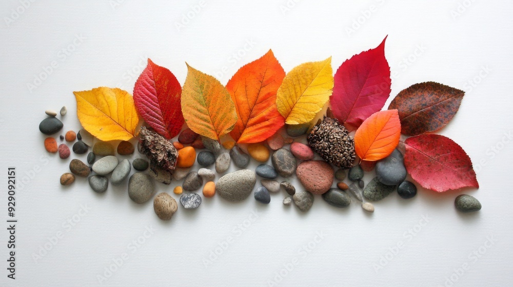 Aufkleber vibrant autumn leaves in various colors are creatively arranged alongside smooth pebbles on a light 